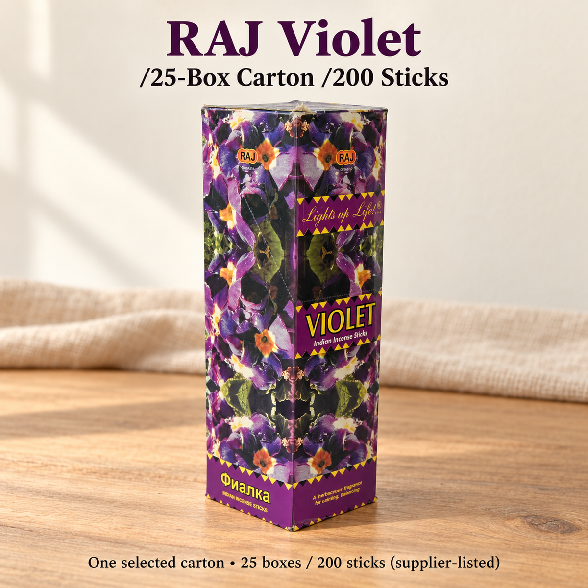 RAJ Incense Sticks — Golden Wood, Violet & Clove, 25-Box Cartons — product-05