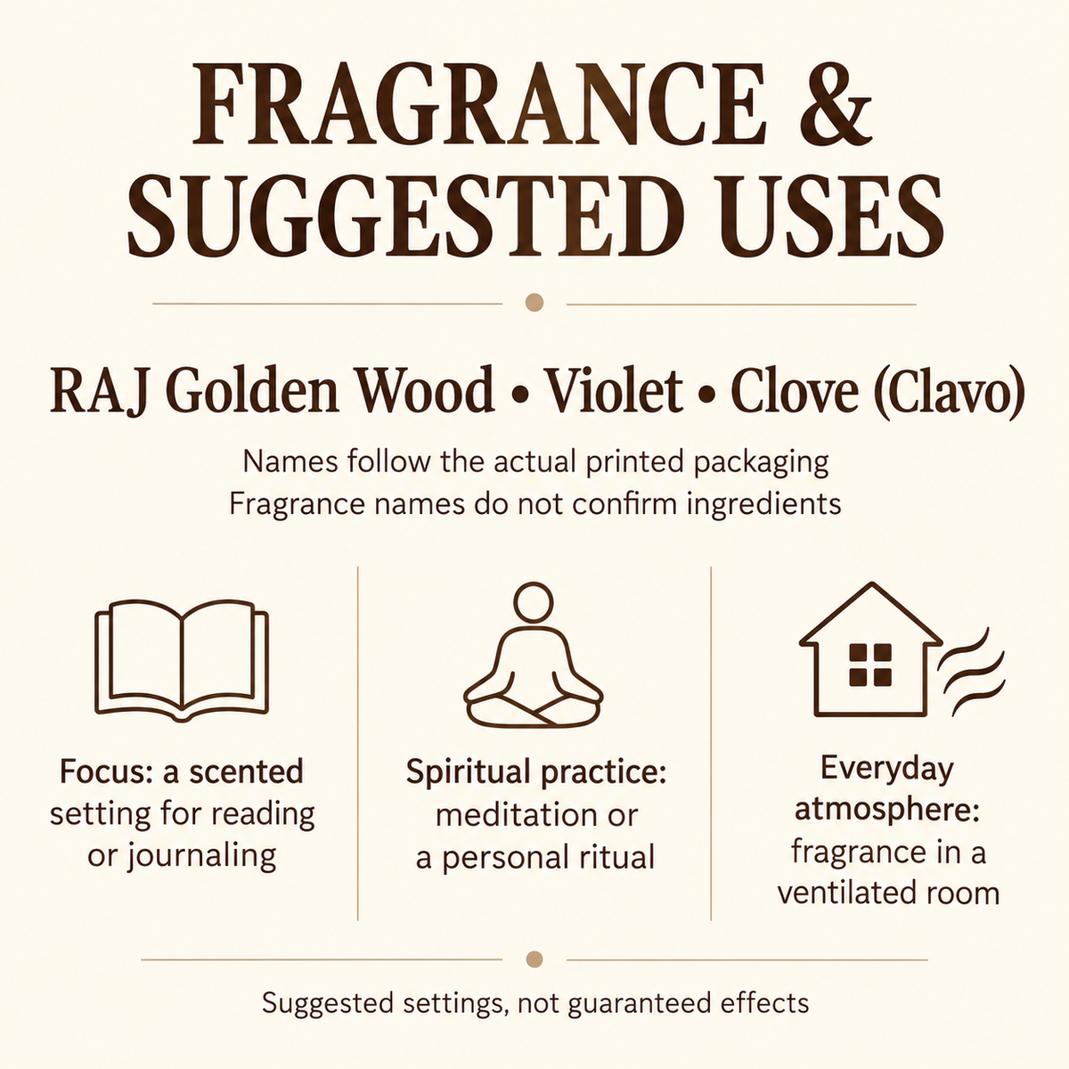RAJ Incense Sticks — Golden Wood, Violet & Clove, 25-Box Cartons — uses