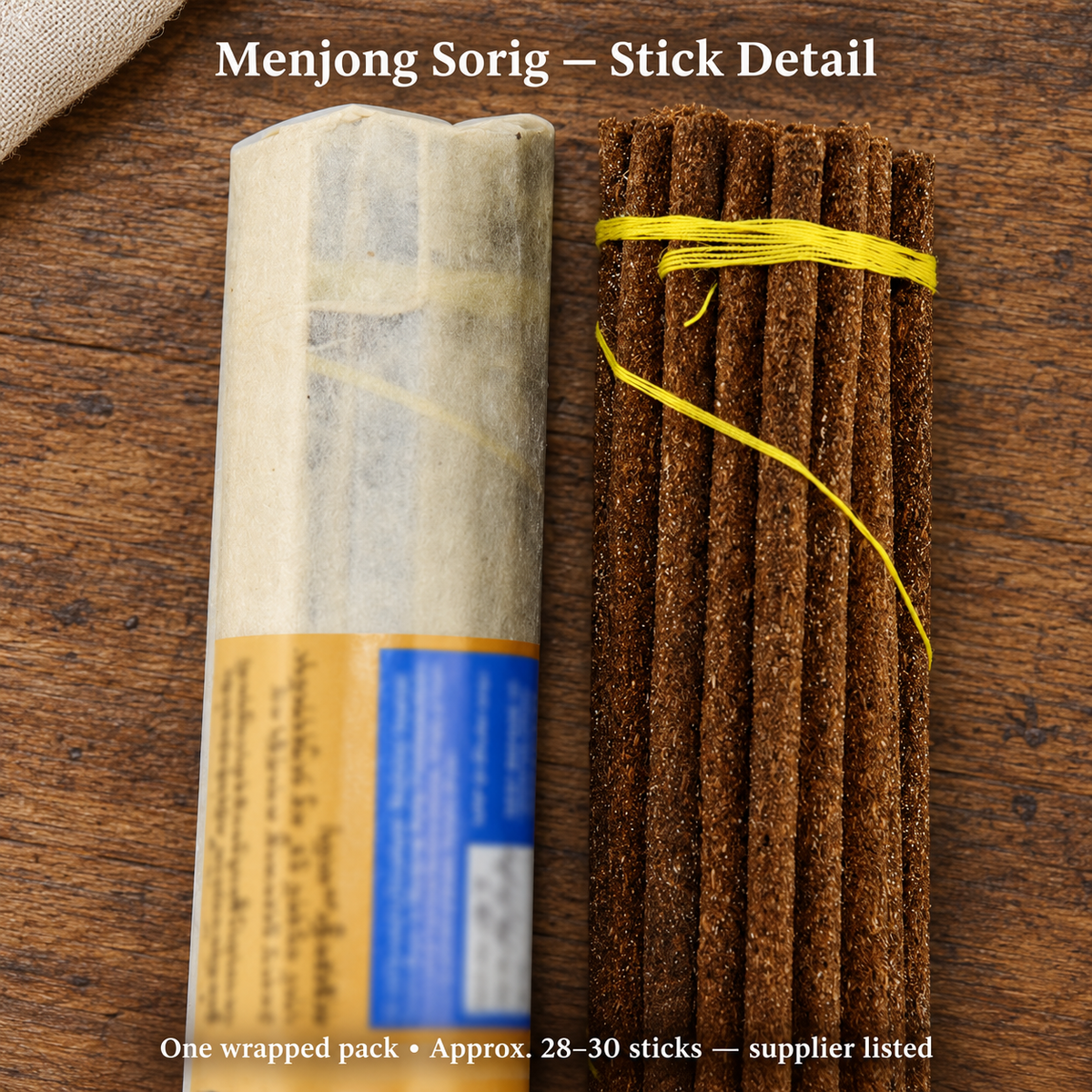Menjong Sorig — original cropped coarse brown incense and yellow-string detail, no unseen ends reconstructed