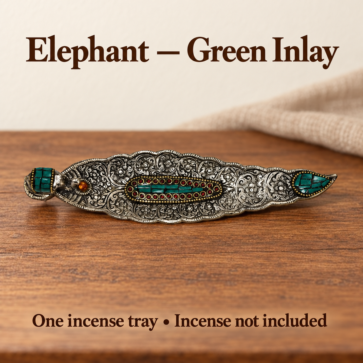 Decorative Alloy Incense Trays — Elephant, Buddha & Ganesha, Red or Green Inlay — variant-03