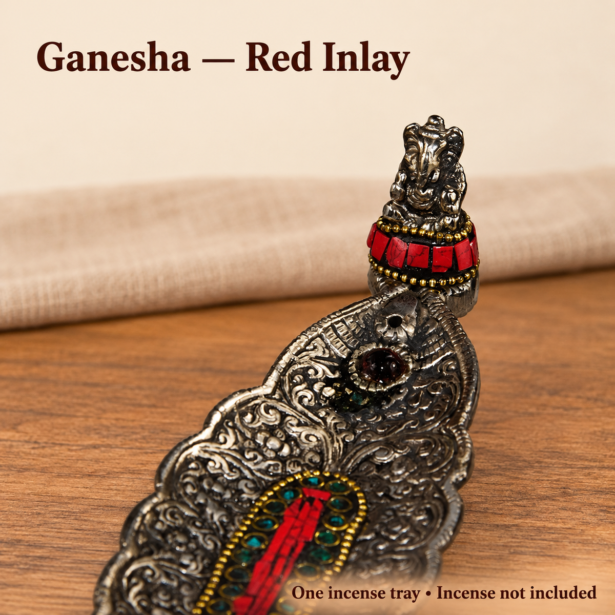 Decorative Alloy Incense Trays — Elephant, Buddha & Ganesha, Red or Green Inlay — variant-04