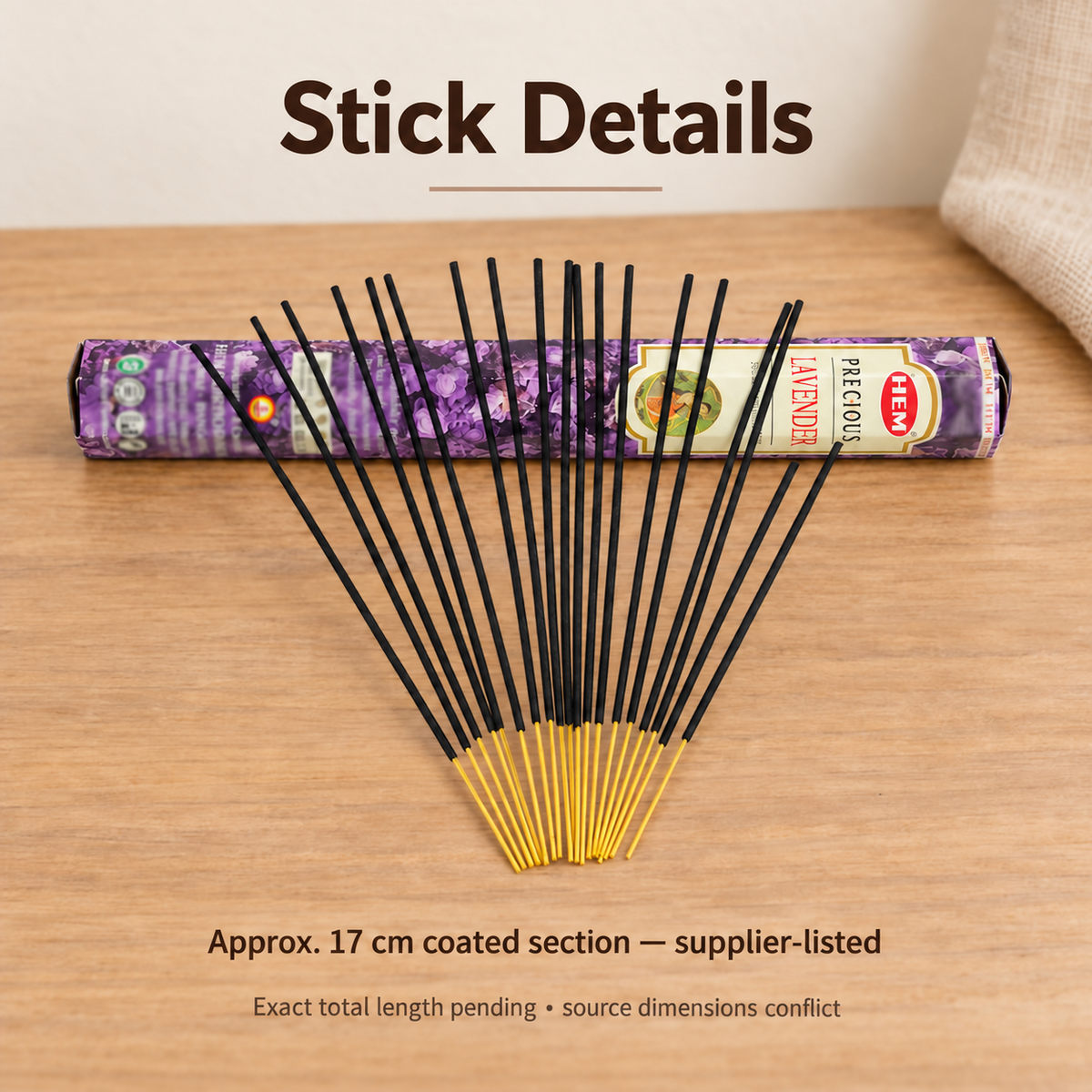 HEM Precious Lavender — bamboo-core stick sample and supplier-listed coated section