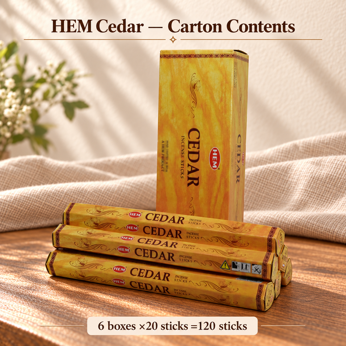 TB638221290504 | HEM Cedar — Carton Contents | 6 boxes ×20 sticks =120 sticks