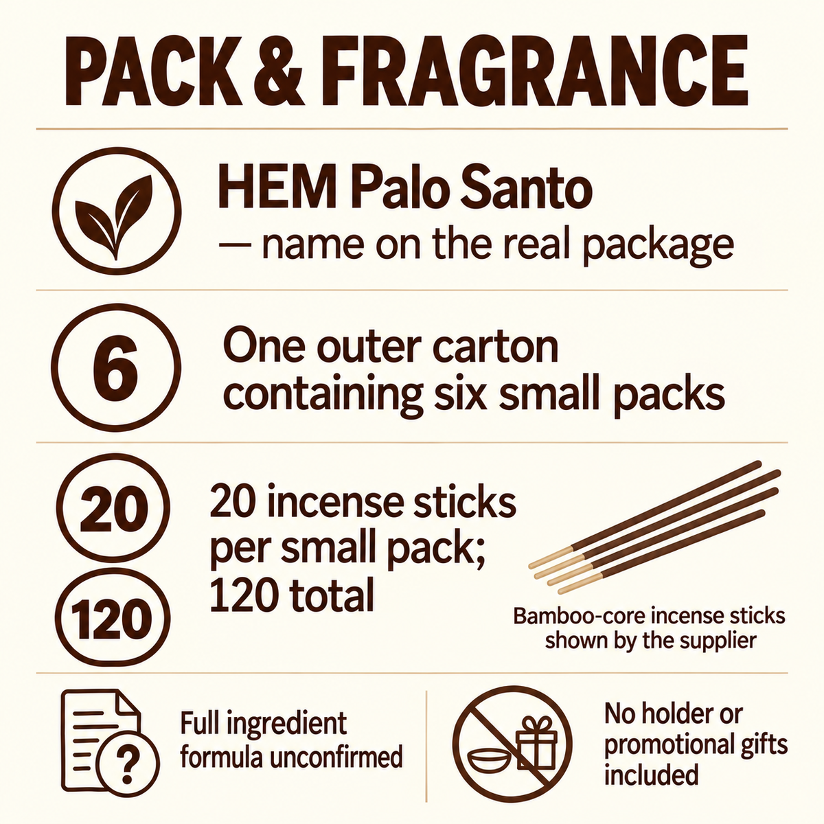 HEM Palo Santo Incense Sticks — Six-Pack Carton, 120 Sticks — pack