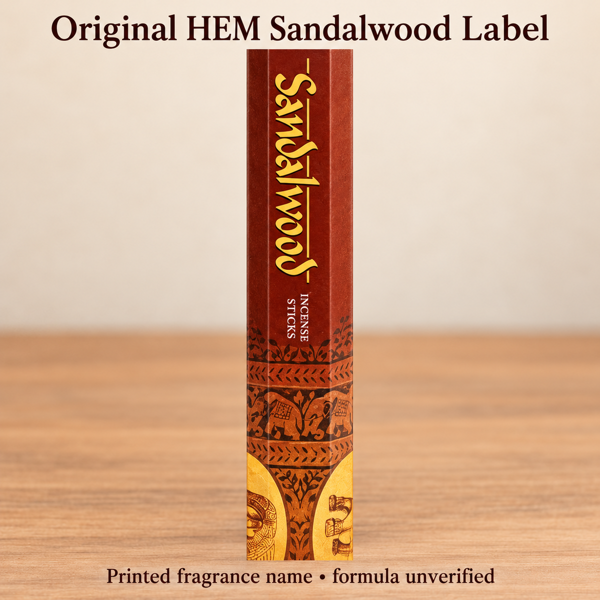 HEM Sandalwood original brown gold label closeup
