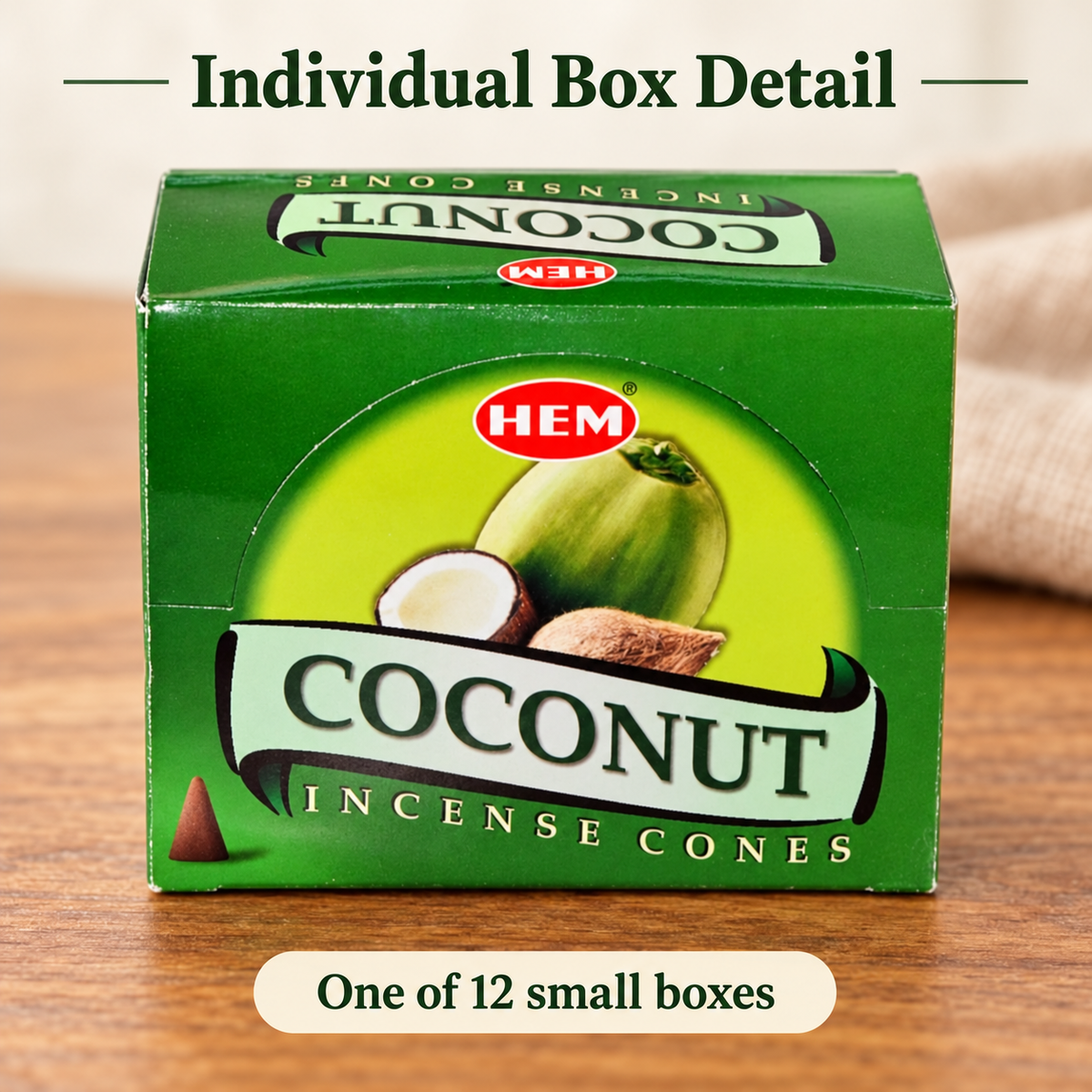 HEM Coconut Incense Cones — 12-Box Carton, 120 Regular Cones — box-detail