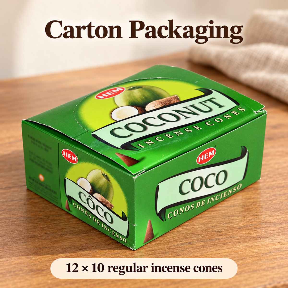HEM Coconut Incense Cones — 12-Box Carton, 120 Regular Cones — carton-detail