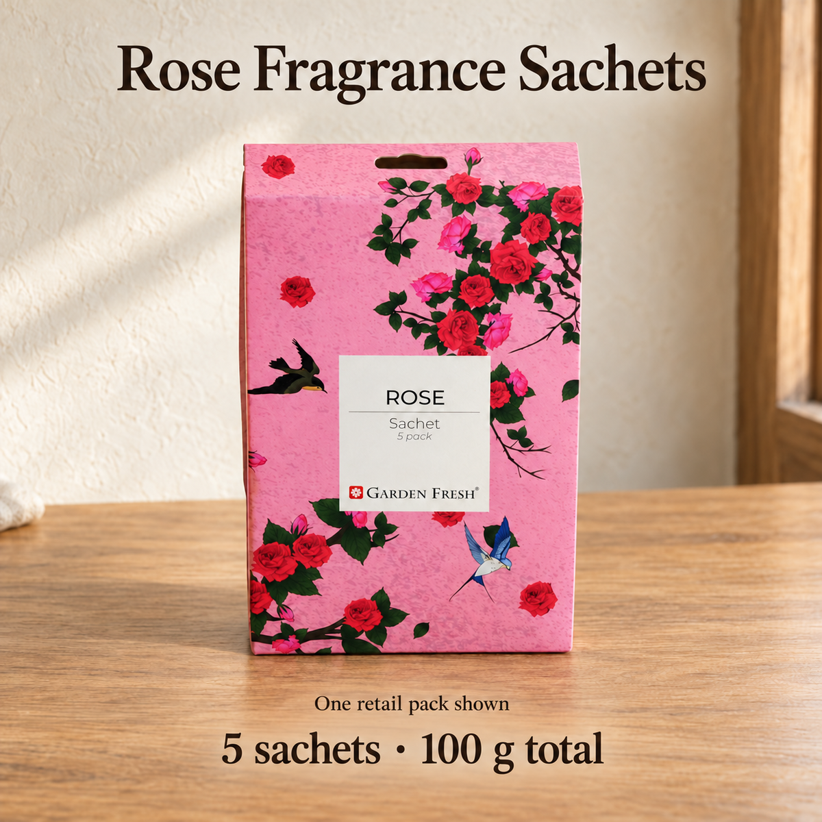 Garden Fresh Rose, one retail pack contains five fragrance sachets, 100 g total