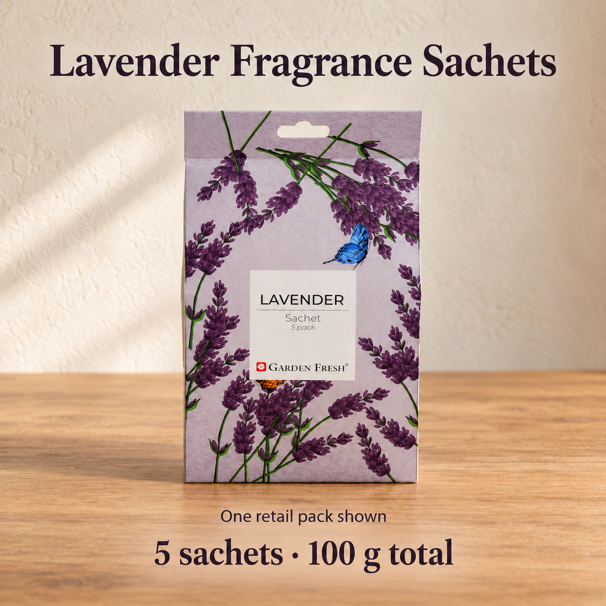 Garden Fresh Lavender, one retail pack contains five fragrance sachets, 100 g total