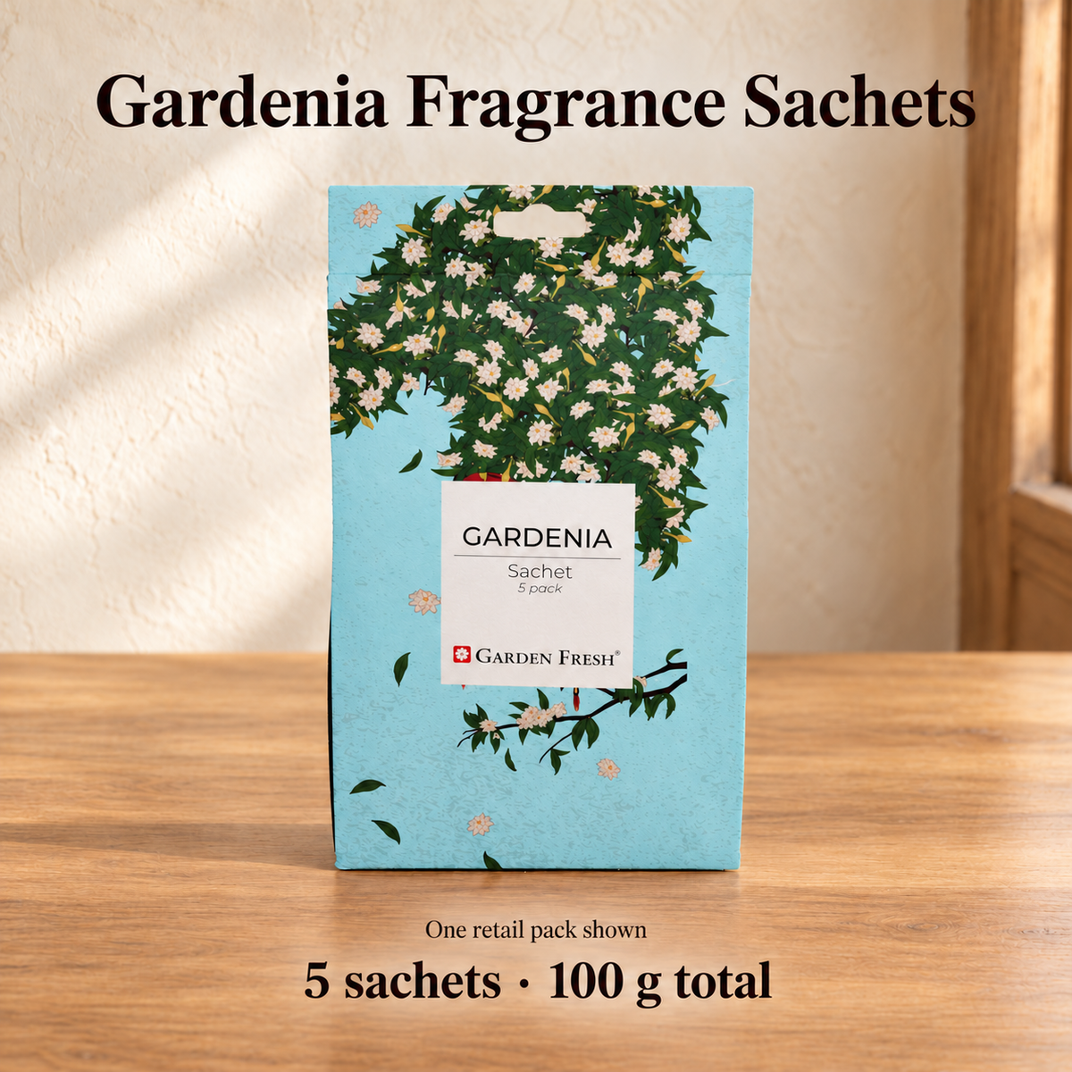 Garden Fresh Gardenia, one retail pack contains five fragrance sachets, 100 g total