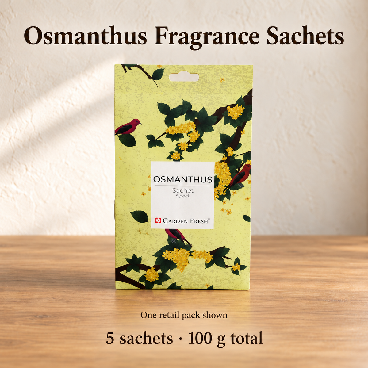 Garden Fresh Osmanthus, one retail pack contains five fragrance sachets, 100 g total