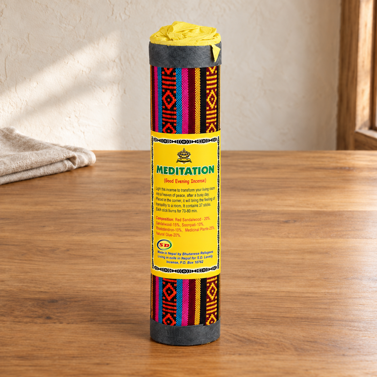Meditation incense in original decorative cloth-covered tube