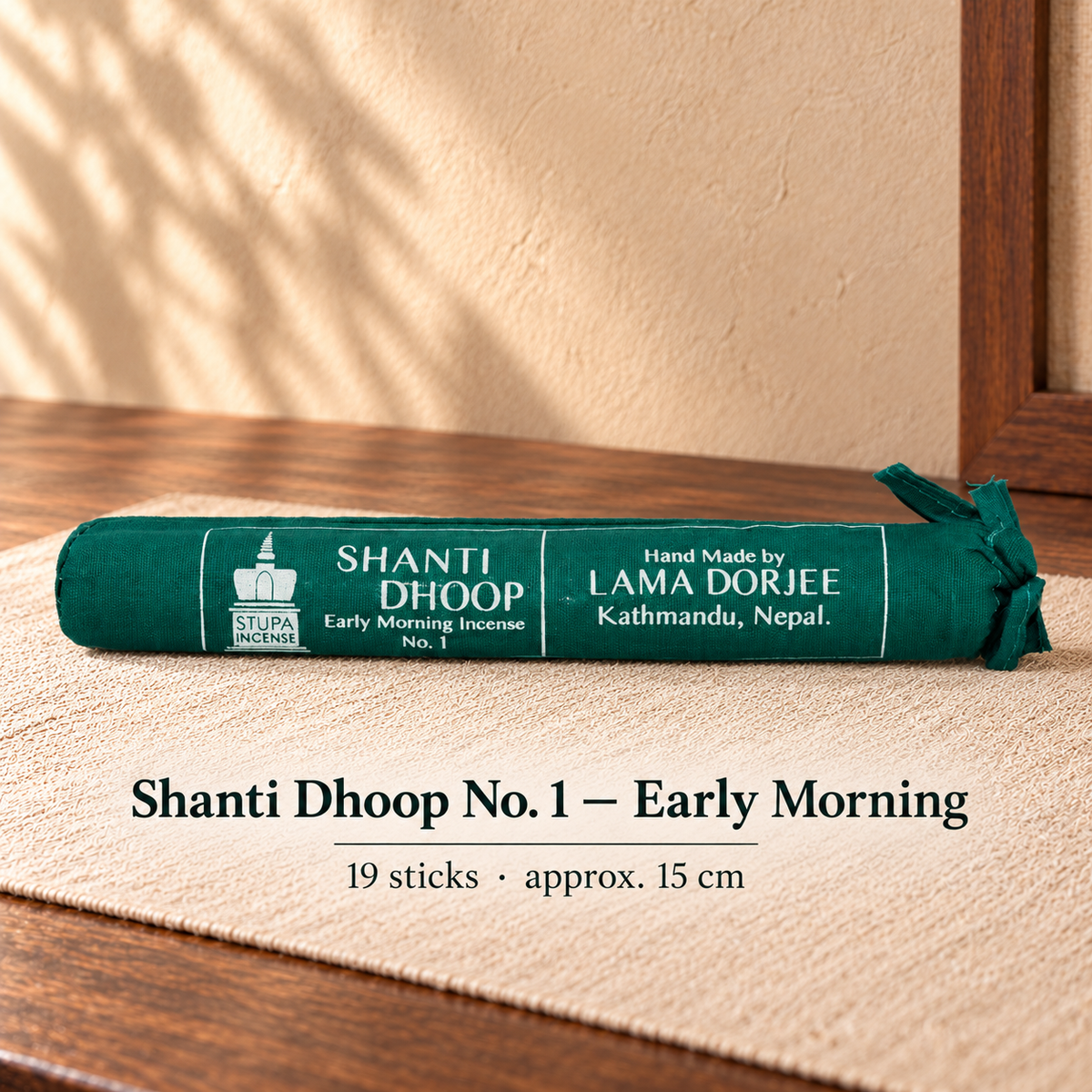 Shanti Dhoop No. 1 — Early Morning — cloth-wrapped incense bundle, 19 sticks