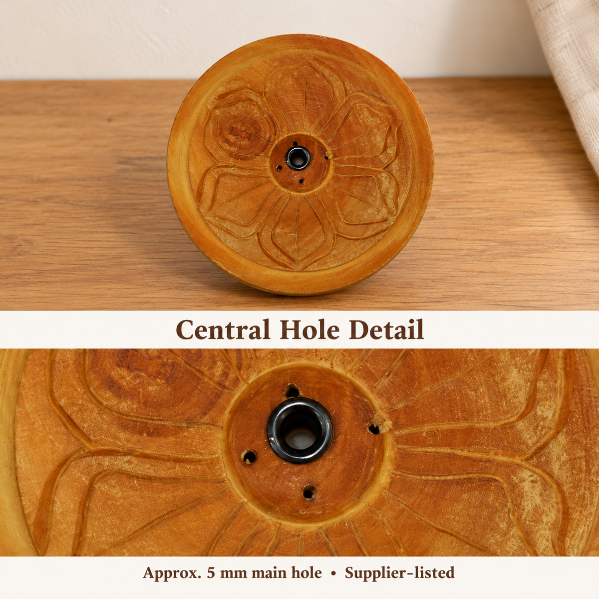 Carved Petal Wooden Incense Holder — Large Round, 5 mm Hole | product-05