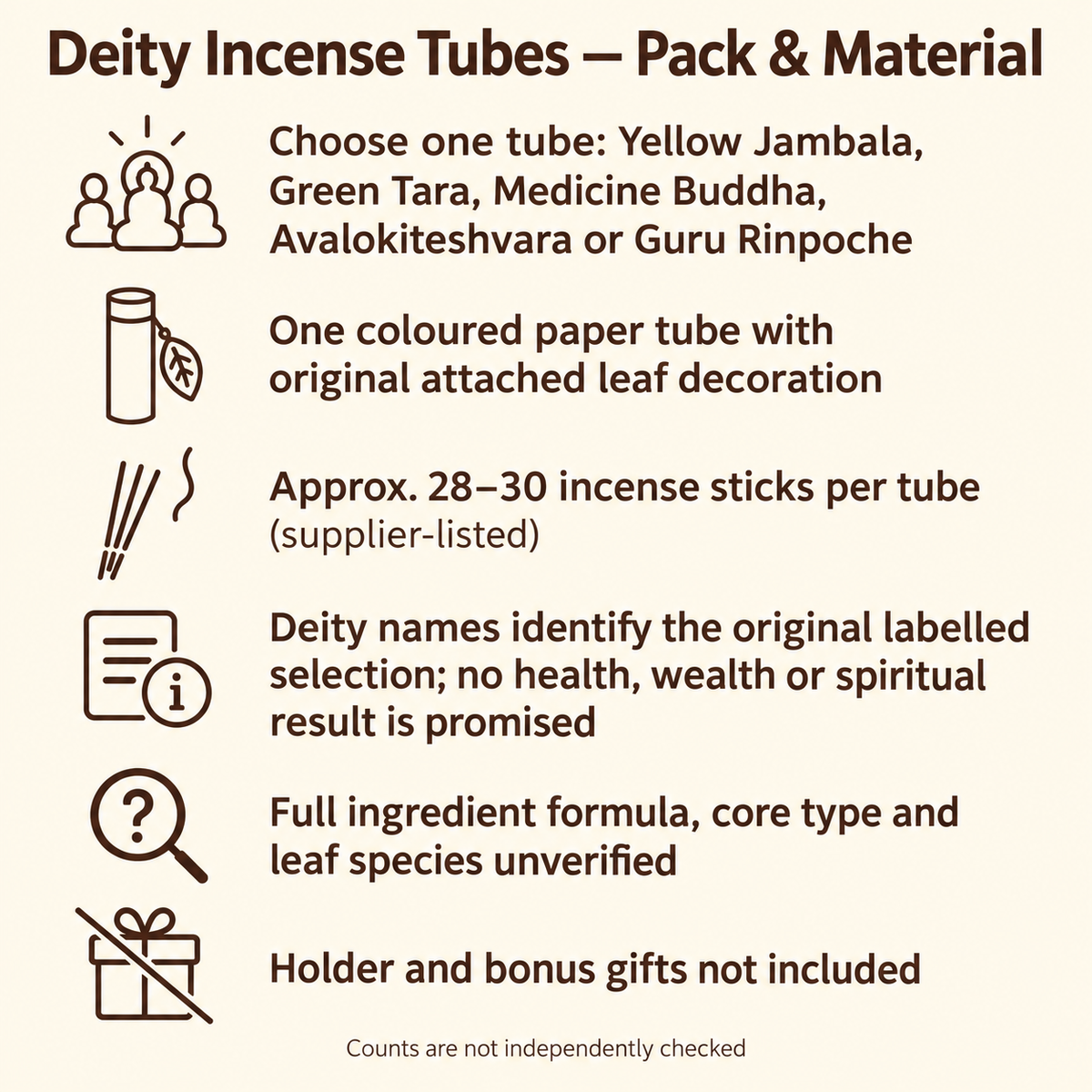 Five deity-labelled incense tube packaging and material guide