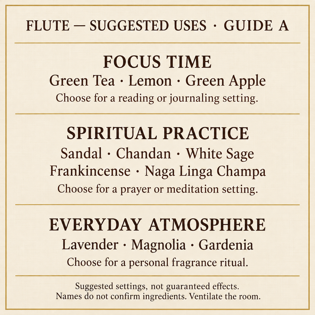 Flute suggested uses — fragrance guide A