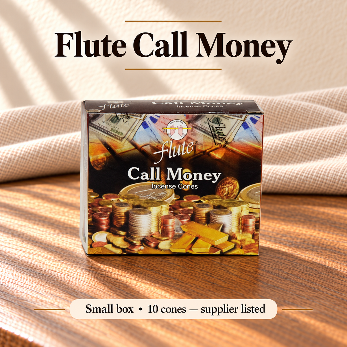 Flute Call Money — small box, 10 cones supplier listed
