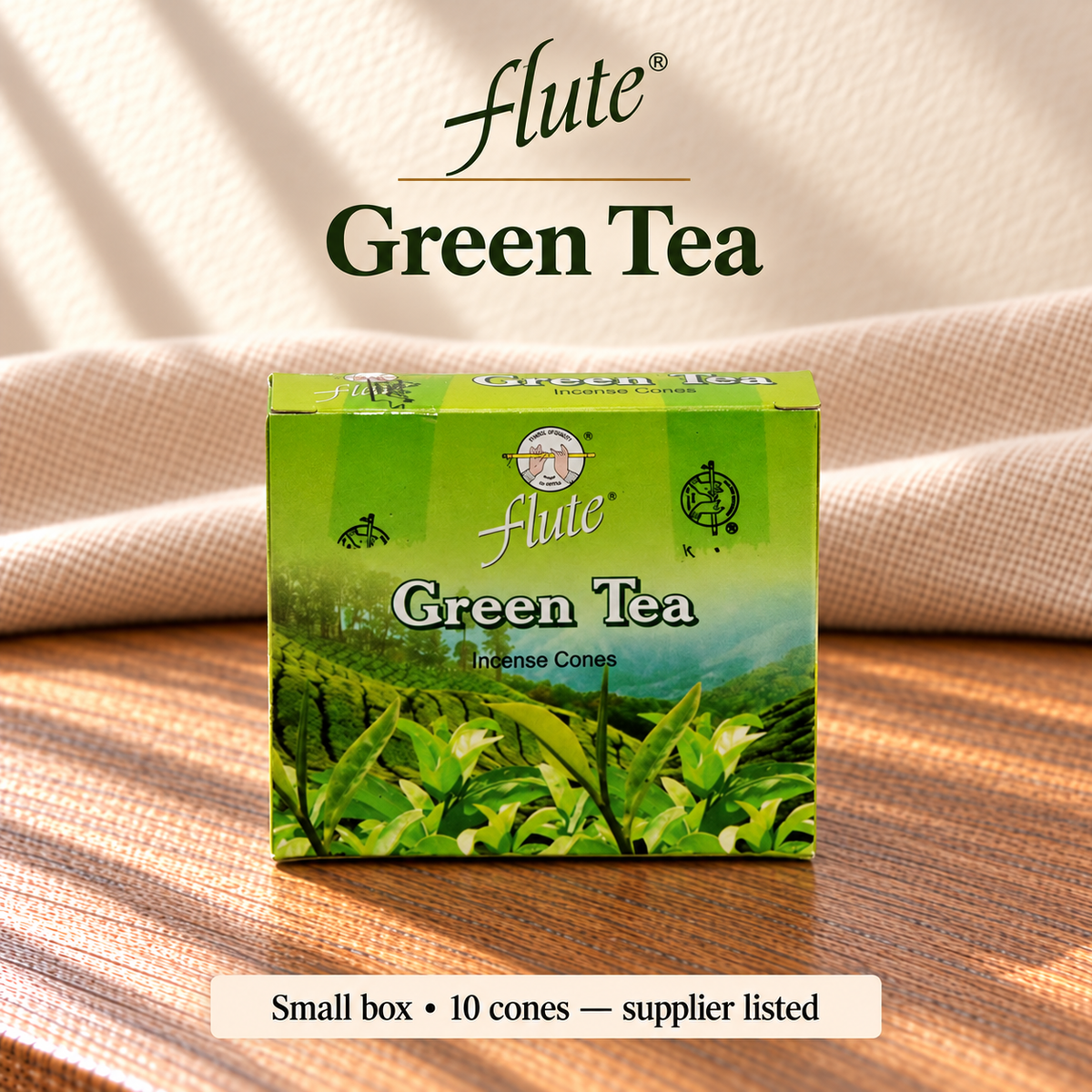 Flute Green Tea — small box, 10 cones supplier listed