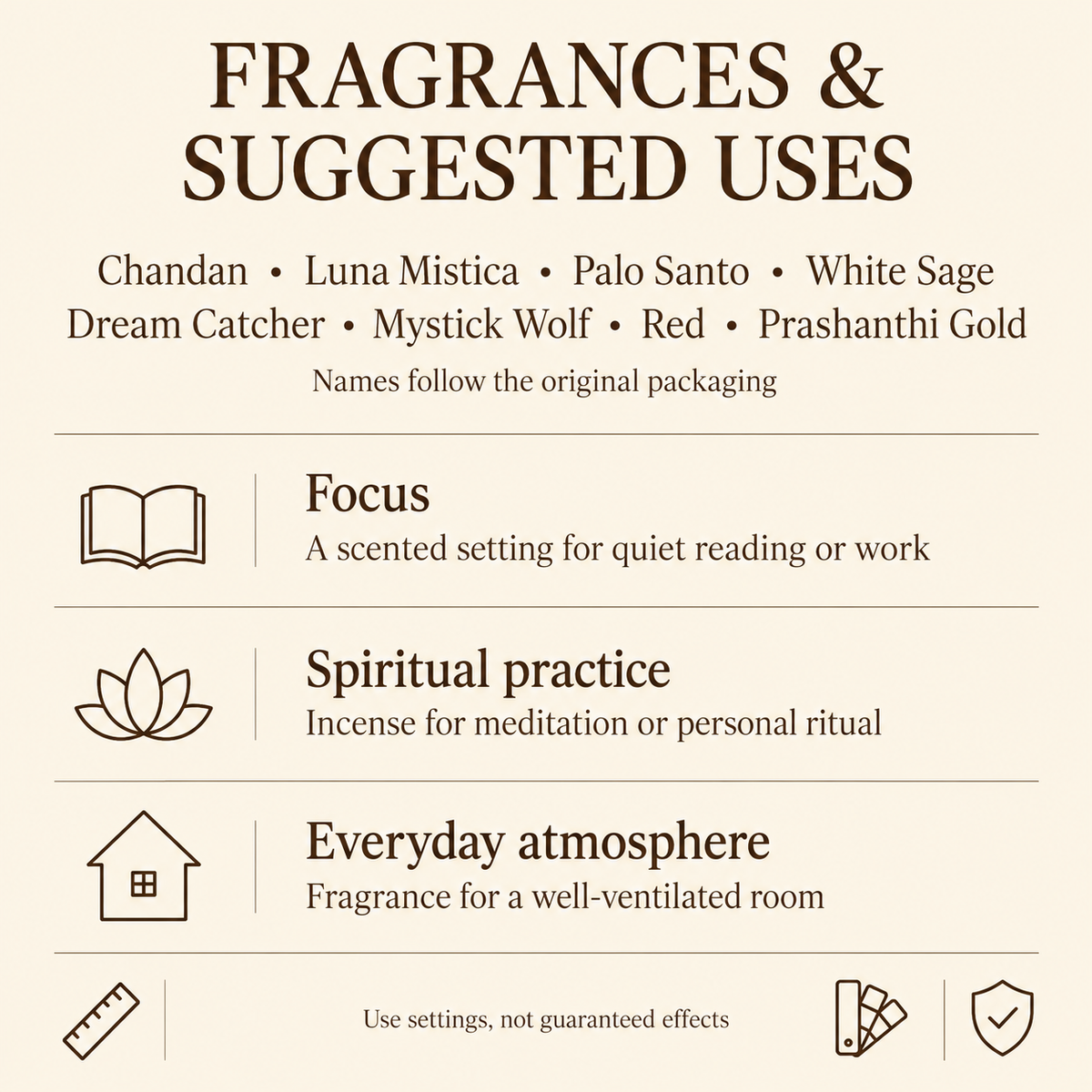 Balaji Incense Sticks — Eight Fragrances, Individual Small Boxes — uses