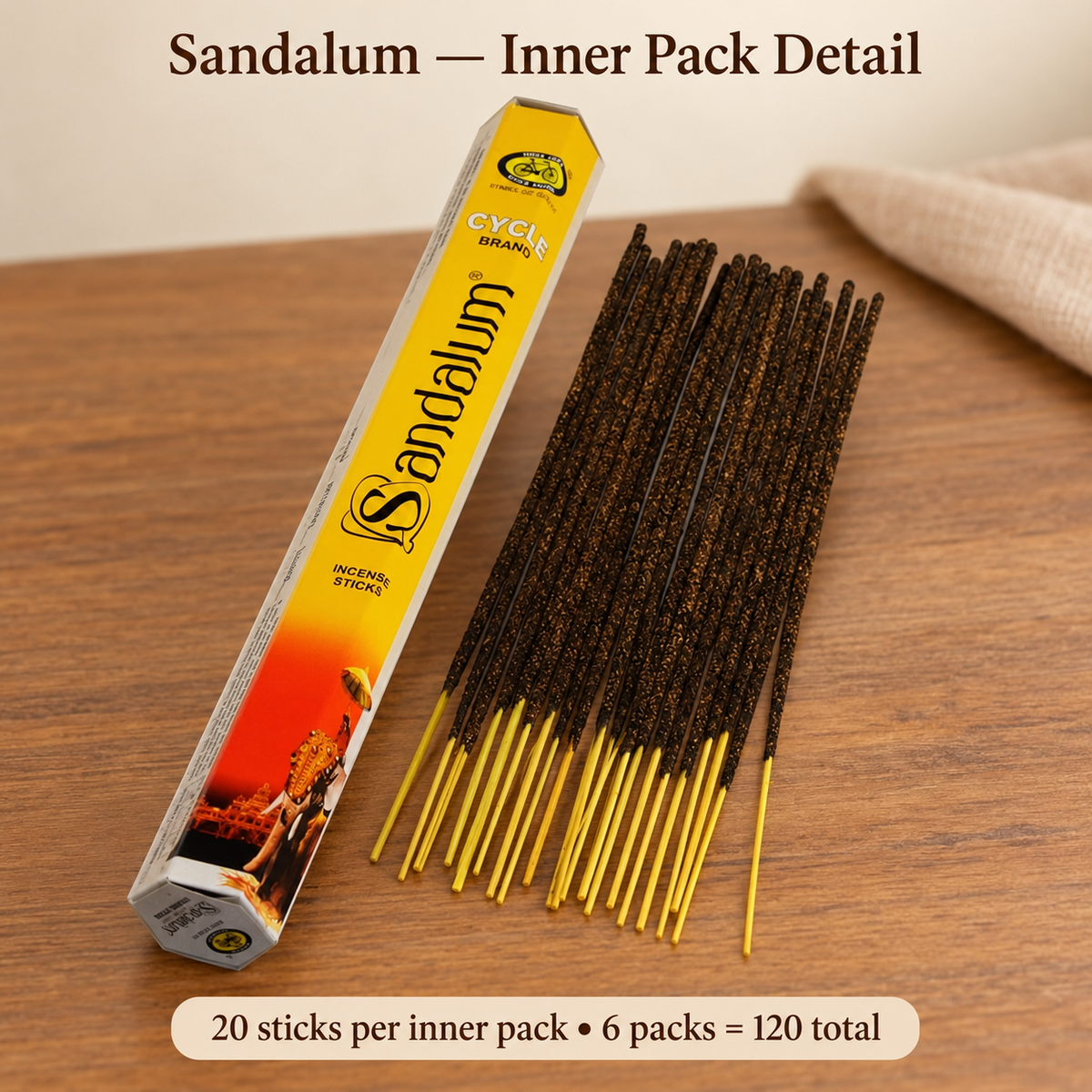 Cycle Brand Sandalum inner-pack detail, supplier-listed 20 sticks per pack and 6 packs totalling 120 sticks