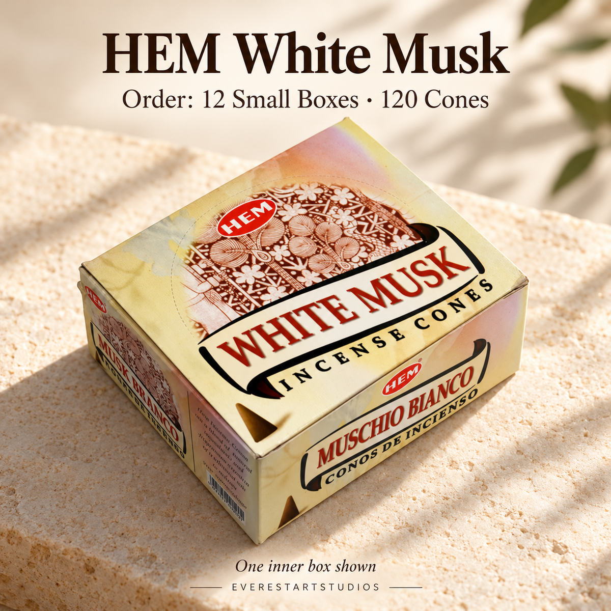 HEM White Musk, selected order12smallboxes120regularcones; one inner box shown