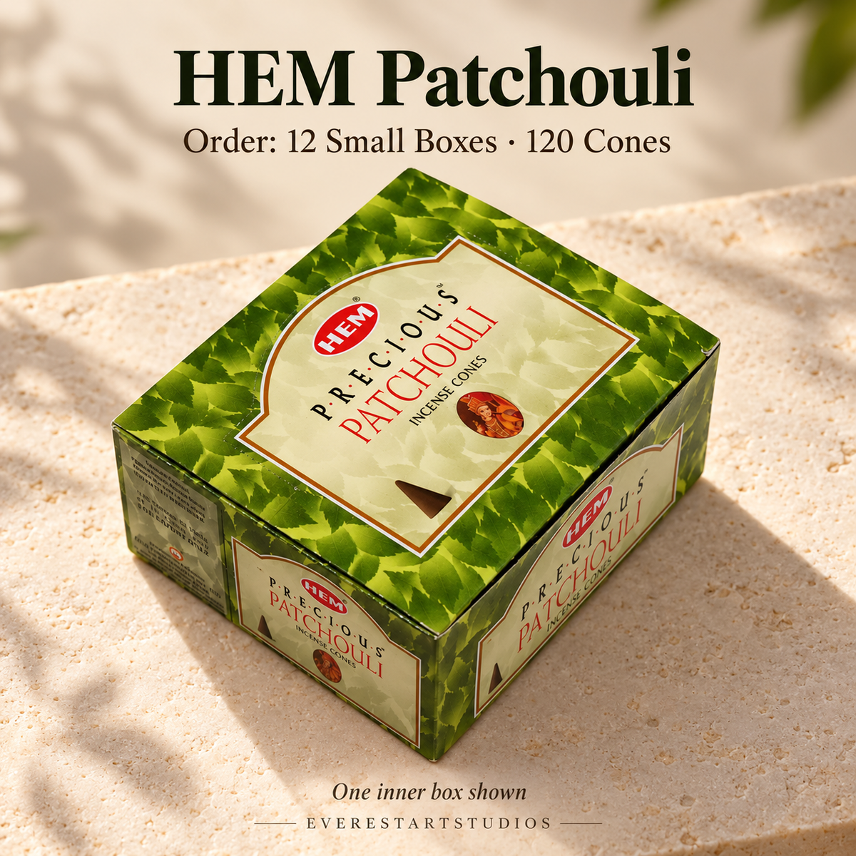 HEM Patchouli, selected order12smallboxes120regularcones; one inner box shown