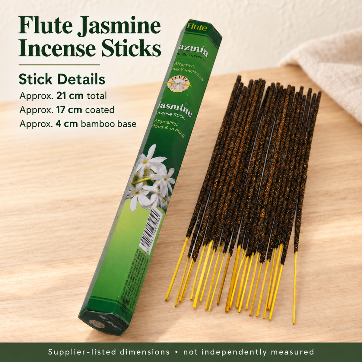 Flute Jasmine — bamboo-core sticks and supplier-listed dimensions