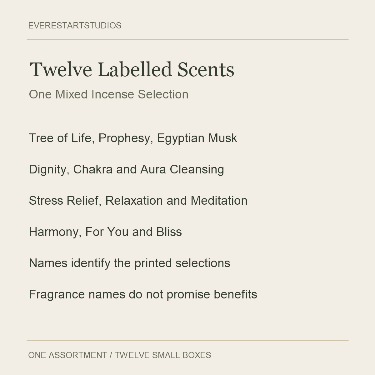 Satya Twelve-Fragrance Incense Assortment — Twelve Labelled Scents