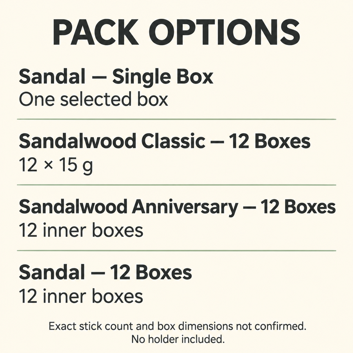 Four incense box options and confirmed pack quantities