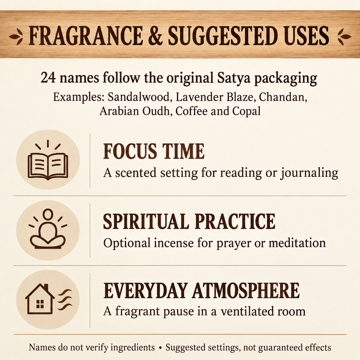 Satya Backflow Dhoop Cones — 24 Fragrance Selections, 10 per Small Box | uses