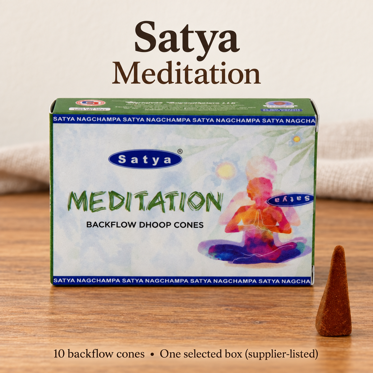 Satya Backflow Dhoop Cones — 24 Fragrance Selections, 10 per Small Box | variant-09