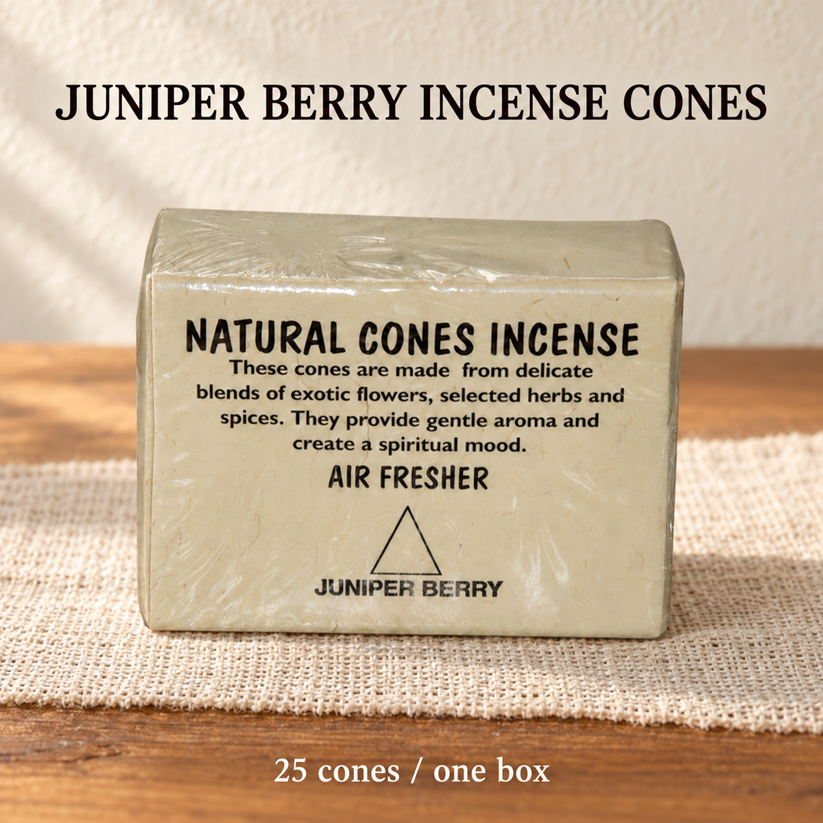 EverestArtStudios Juniper Berry incense cones, one beige wrapped box of 25