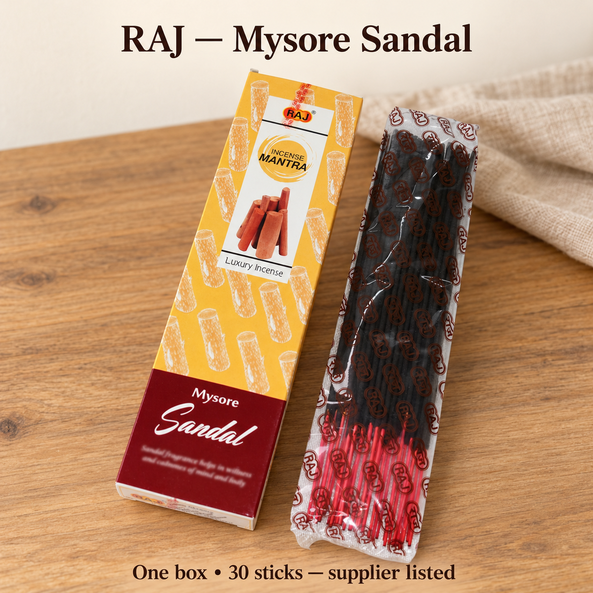 RAJ Mysore Sandal original box and matching inner bag, 30 sticks