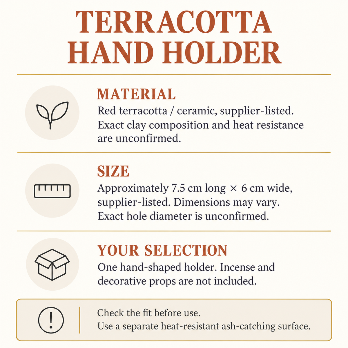 Terracotta hand holder material and size guide