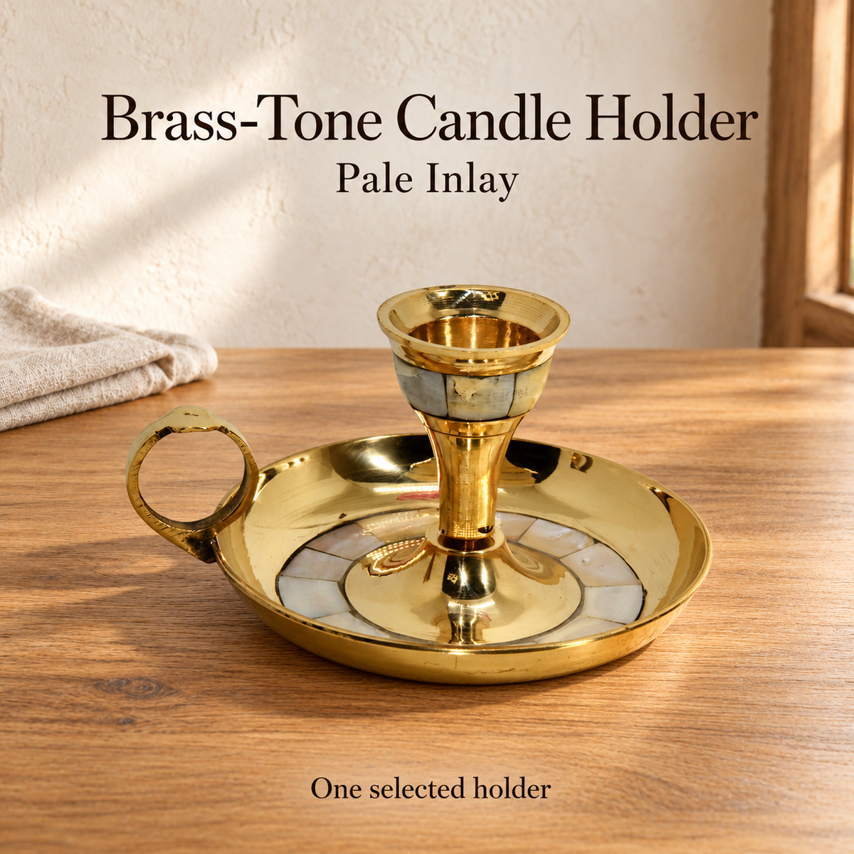 Brass-Tone Candle Holder — Pale Inlay