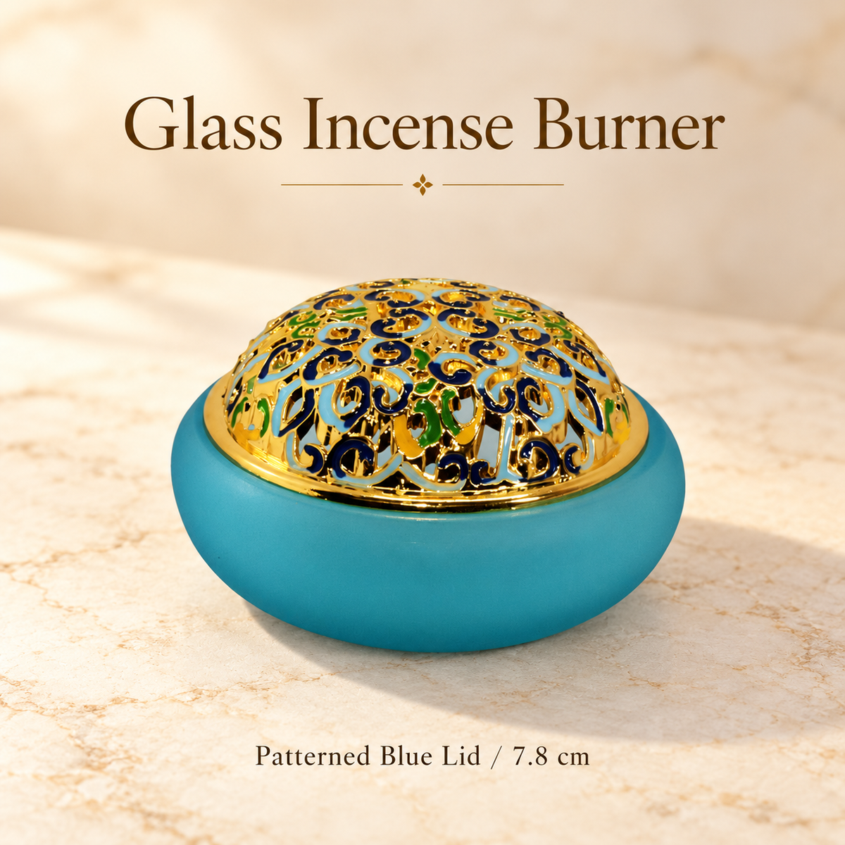 Glass Incense Burners — Lotus & Lidded Styles — Patterned Blue Lid / 7.8 cm