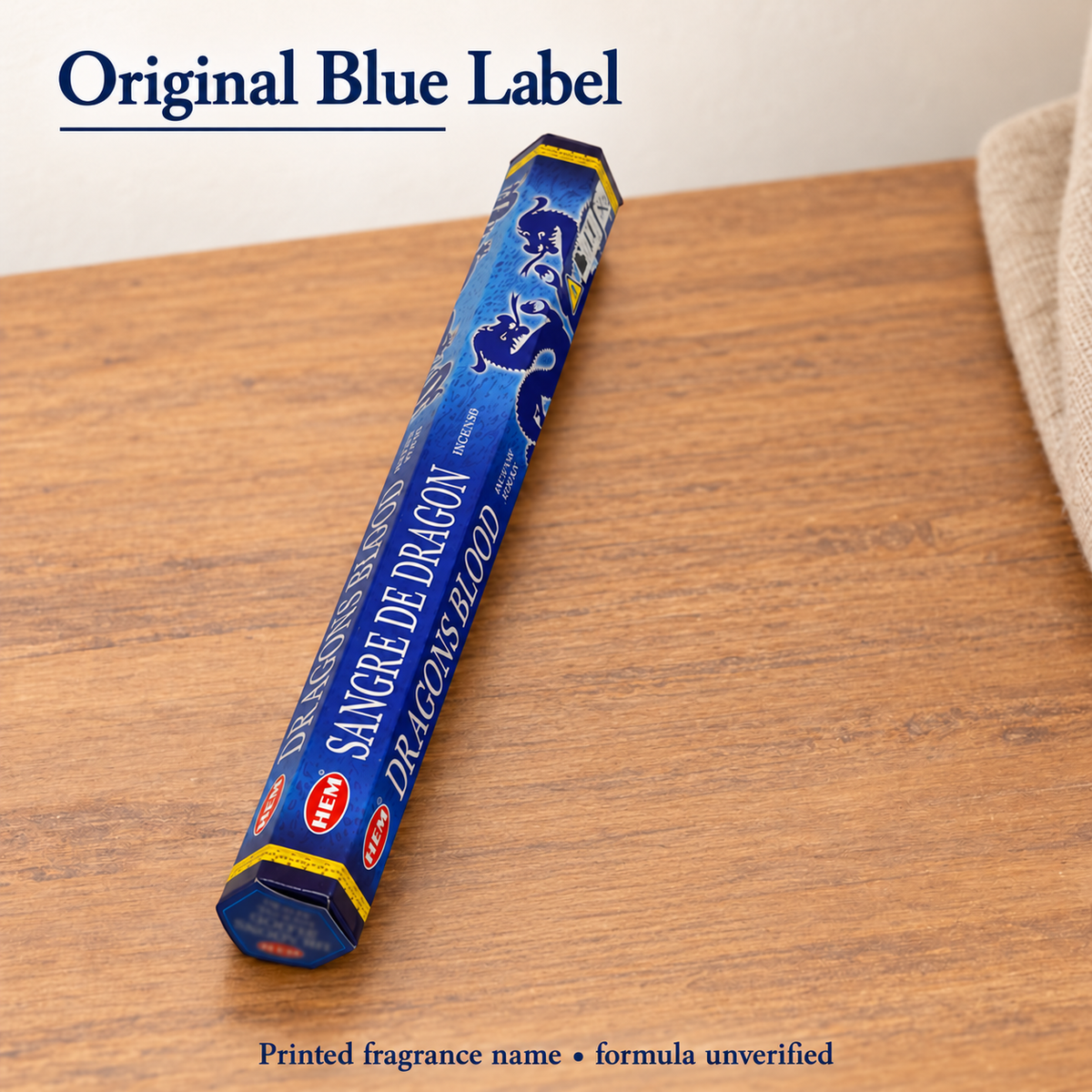 Actual HEM blue Dragons Blood commercial label and dragon art