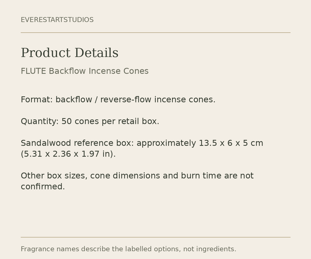 FLUTE backflow incense cones specifications information card