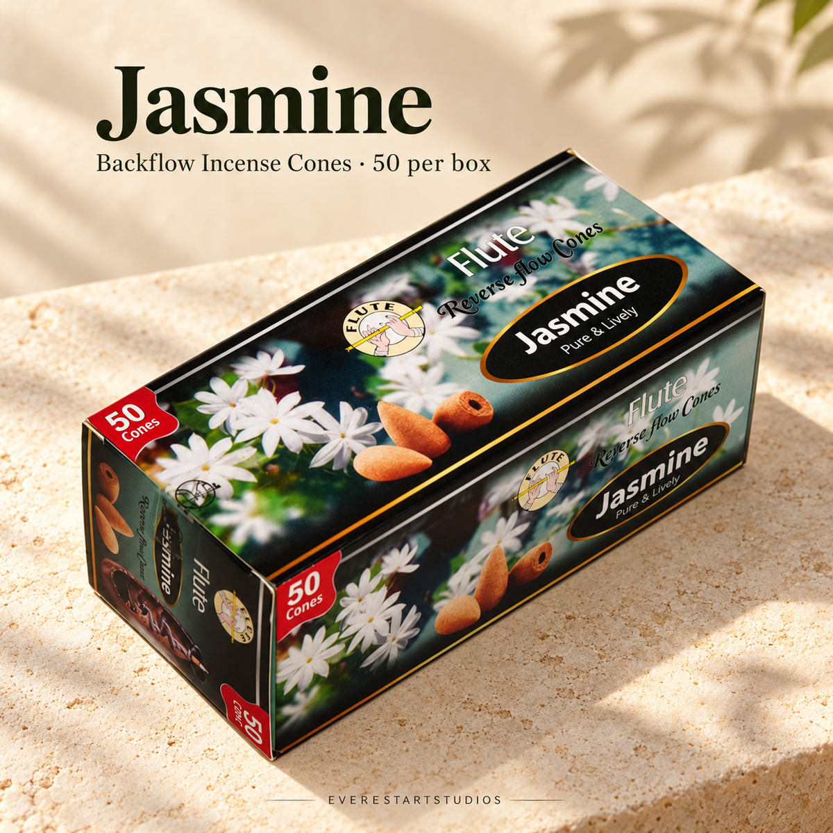 FLUTE Jasmine backflow incense cones, one 50-cone box