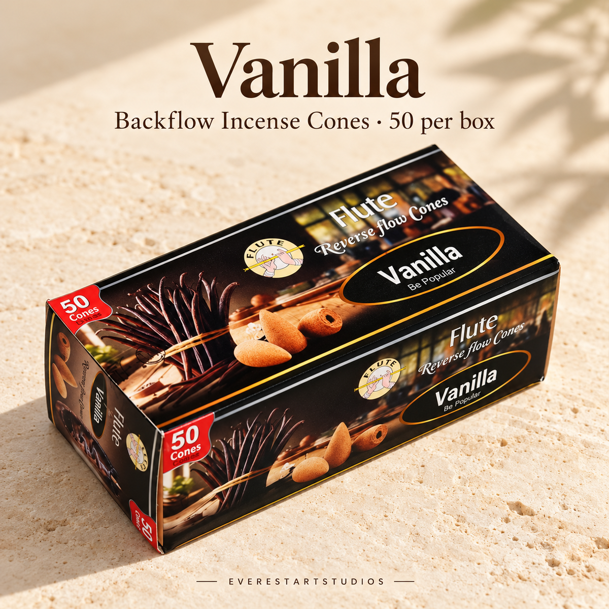 FLUTE Vanilla backflow incense cones, one 50-cone box