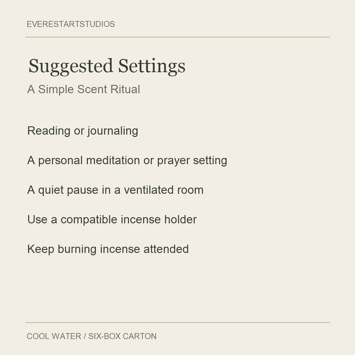 Garden Fresh Cool Water Incense Sticks — Suggested Settings