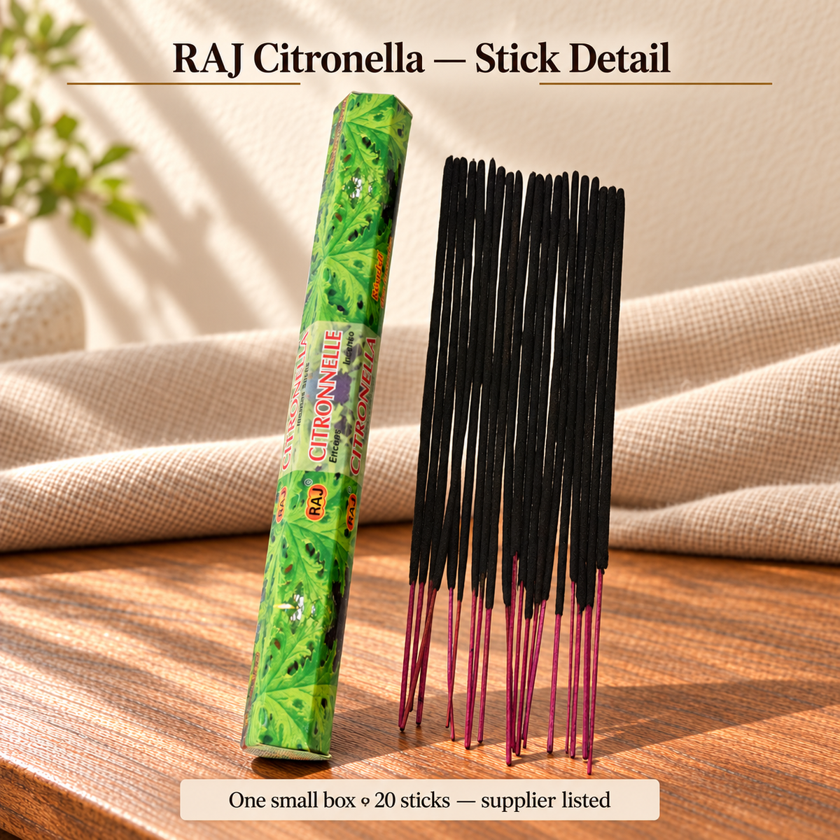 TB9324078226 | RAJ Citronella — Stick Detail | One small box •20 sticks — supplier listed