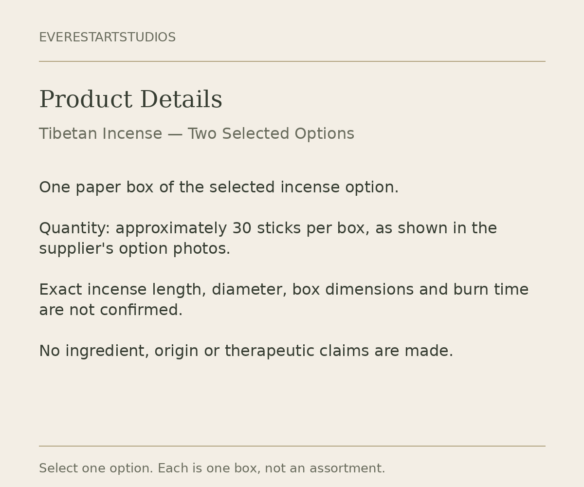 Tibetan incense specifications information for Knowledge Holder and Pure Land options
