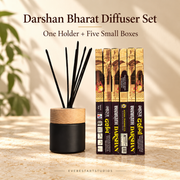 Darshan Bharat dry fragrance display set: one black holder and five small incense boxes