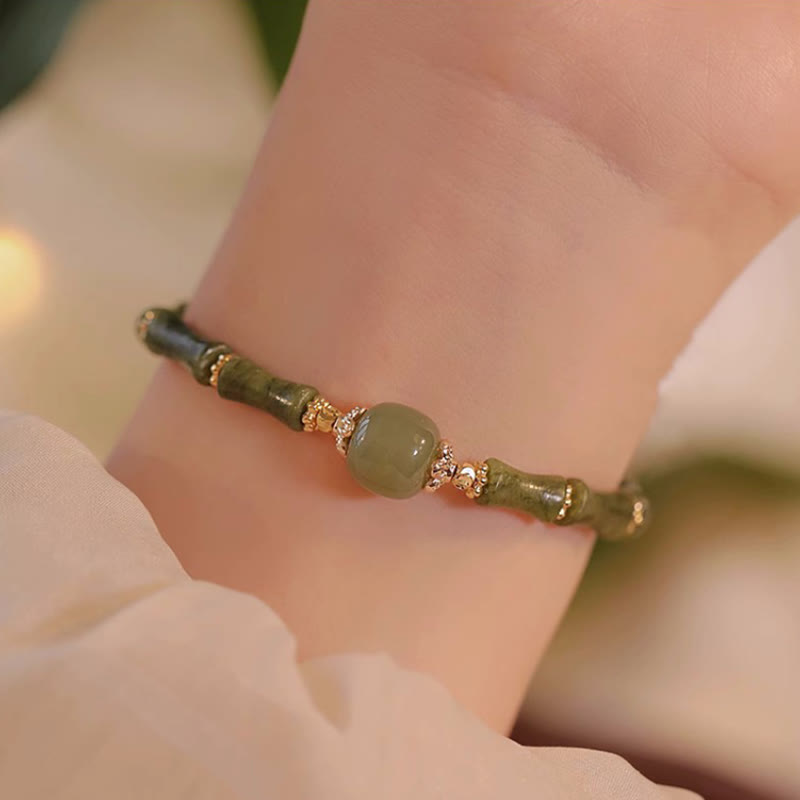 EverestArtStudios 14K Copper Plated Peridot Hetian Jade Bamboo Motif Fortune Bracelet