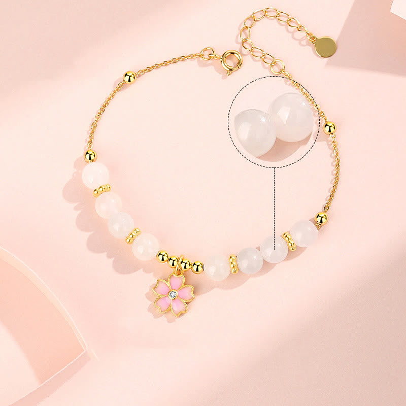 EverestArtstudios 925 Sterling Silver Hetian White Jade Cherry Blossom Protection Bracelet