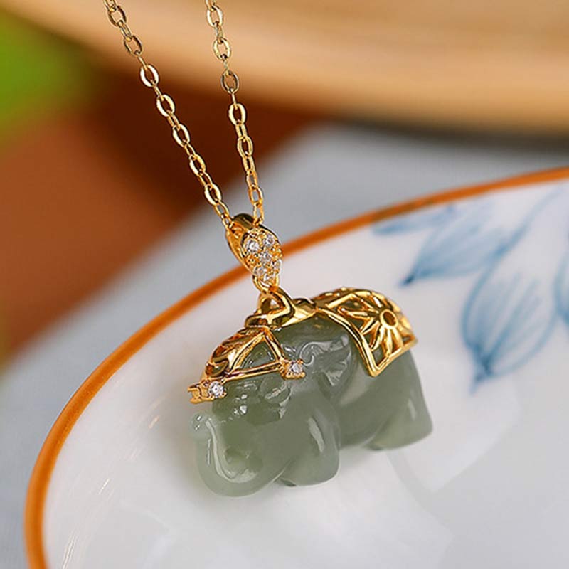 EverestArtstudios 925 Sterling Silver Jade Elephant Blessing Fortune Necklace Chain Pendant