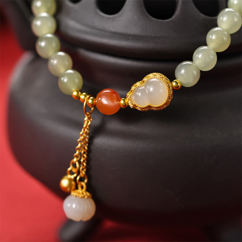 EverestArtstudios 925 Sterling Silver Hetian Jade Gourd Lotus Abundance Luck Bracelet