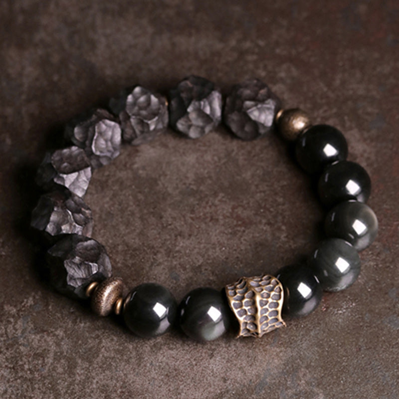 EverestArtstudios Black Obsidian Ebony Wood Copper Strength Couple Bracelet