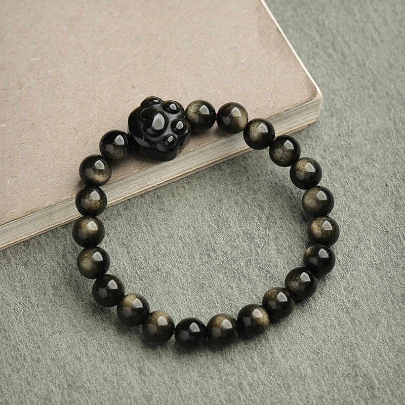 EverestArtStudios Gold Sheen Obsidian Silver Sheen Obsidian Cute Paw Fortunate Cat Protective Bracelet